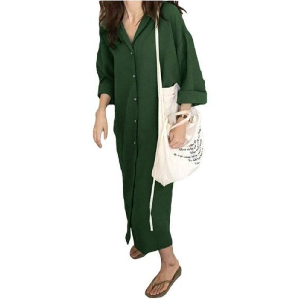 Button Down Blouse Maxi Dress Green